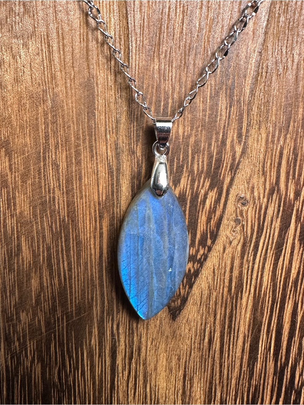 Blue Labradorite Marquise Shaped Pendant Necklace on Stainless Steel Chain - Picture 9 of 16